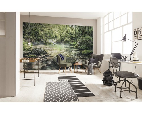 Intérieur avec papier peint photo d''un ruisseau forestier, baby-foot, fauteuils, bureau et tapis