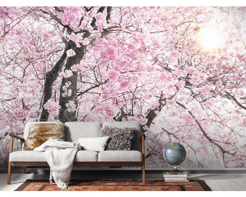 Salon avec papier peint photo à motif de fleurs de cerisier, canapé, globe et tapis