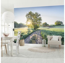 Wohnraum mit Fototapete einer Landschaft mit Baum und Weg
