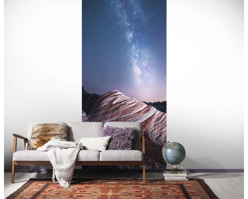 Salon avec un papier peint photo représentant un paysage sous le ciel étoilé.