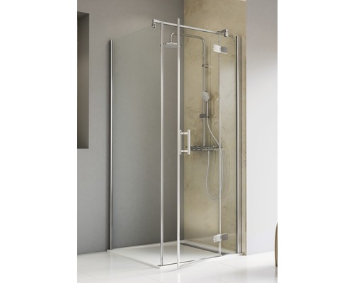 Porte de douche avec paroi latérale à porte pivotante avec partie fixe SCHULTE TouraPlus ExpressPlus 90 x 90 cm Profil chrome verre transparent revêtement en verre résistant à la saleté tirant droite butée de paroi latérale gauche