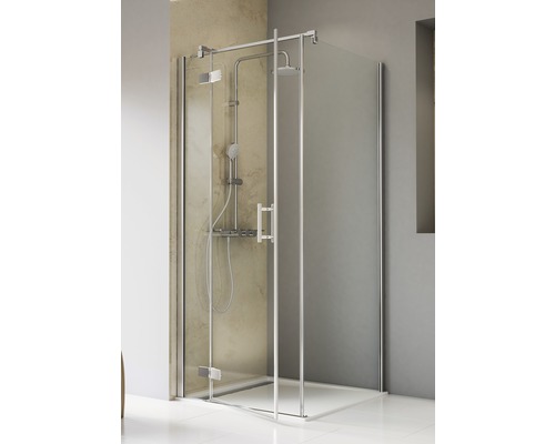 Porte de douche avec paroi latérale à porte pivotante avec partie fixe SCHULTE TouraPlus ExpressPlus 90 x 90 cm Profil chrome verre transparent revêtement en verre résistant à la saleté tirant gauche butée de paroi latérale droite