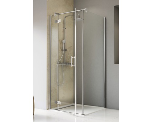 Porte de douche avec paroi latérale à porte pivotante avec partie fixe SCHULTE TouraPlus ExpressPlus 100 x 100 cm Profil chrome verre transparent revêtement en verre résistant à la saleté tirant gauche butée de paroi latérale droite