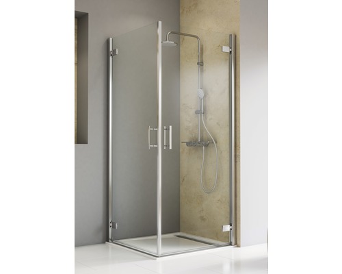 Accès d'angle avec porte pivotante SCHULTE TouraPlus ExpressPlus 80 x 80 cm couleur du profilé chrome décor de vitre verre transparent avec verre antitache butée de porte à gauche butée de porte à droite poignée barre