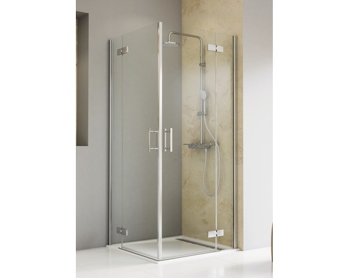 Accès d'angle avec porte battante avec 2 parties fixes SCHULTE TouraPlus ExpressPlus 100 x 100 cm couleur du profilé chrome décor de vitre verre transparent avec verre antitache butée de porte à gauche butée de porte à droite poignée barre