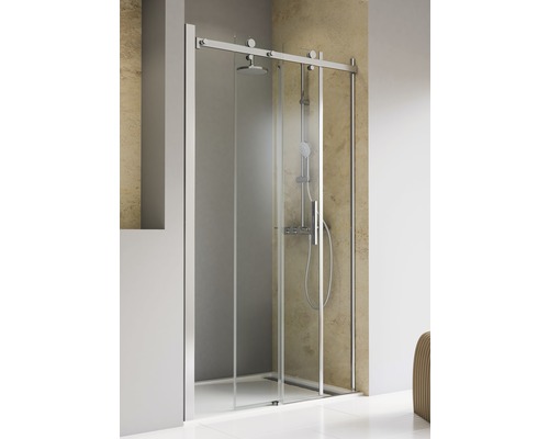 Porte de douche dans une niche avec porte coulissante SCHULTE TouraPlus ExpressPlus 120 cm Profil chrome verre transparent revêtement en verre résistant à la saleté tirant gauche roulement en haut