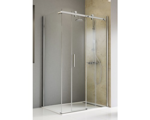 Porte de douche avec paroi latérale SCHULTE TouraPlus ExpressPlus 90 x 120 cm couleur du profilé chrome décor de vitre verre transparent avec verre antitache butée de porte à droite butée de paroi latérale à gauche poignée barre