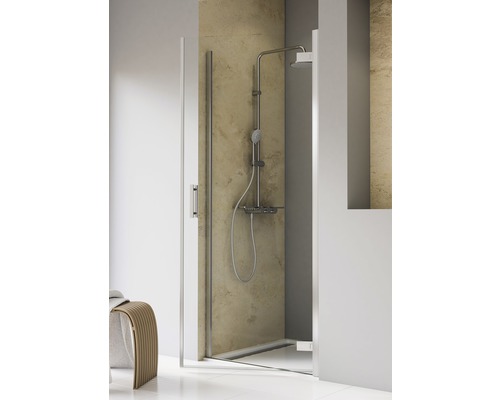 Porte de douche dans niche avec porte pivotante SCHULTE ExpressPlus TouraPlus 80 cm couleur du profilé chrome décor de vitre verre transparent avec verre antitache butée de porte à droite butée de paroi latérale à gauche poignée barre