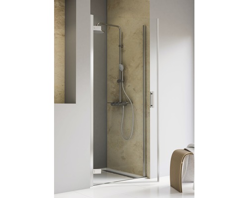 Porte de douche dans niche avec porte pivotante SCHULTE ExpressPlus TouraPlus 80 cm couleur du profilé chrome décor de vitre verre transparent avec verre antitache butée de porte à gauche poignée barre-0