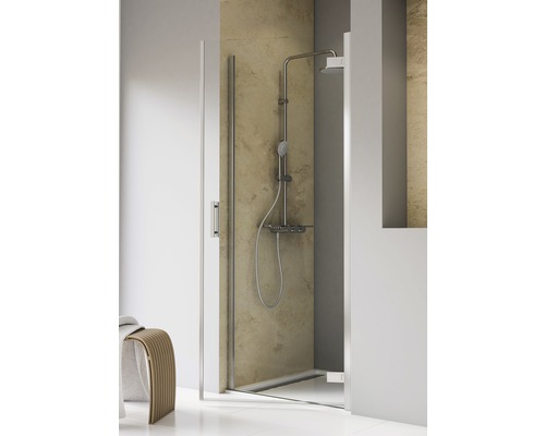 Porte de douche dans niche avec porte pivotante SCHULTE TouraPlus ExpressPlus 90 cm couleur du profilé chrome décor de vitre verre transparent avec verre antitache butée de porte à droite poignée barre