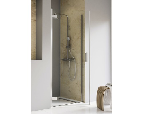 Porte de douche dans niche avec porte pivotante SCHULTE TouraPlus ExpressPlus 90 cm couleur du profilé chrome décor de vitre verre transparent avec verre antitache butée de porte à gauche poignée barre