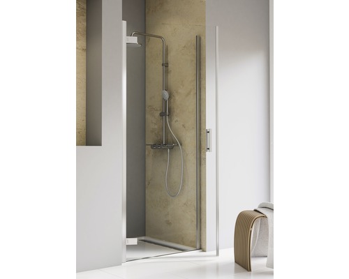 Porte de douche dans niche avec porte pivotante SCHULTE TouraPlus ExpressPlus 100 cm couleur du profilé chrome décor de vitre verre transparent avec verre antitache butée de porte à gauche poignée barre