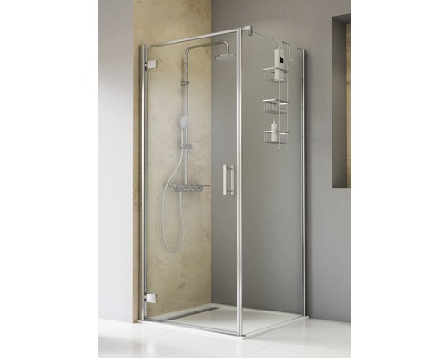 Porte de douche avec paroi latérale SCHULTE TouraPlus ExpressPlus 80 x 80 cm couleur du profilé chrome décor de vitre verre transparent avec verre antitache butée de porte à gauche butée de paroi latérale à droite poignée barre