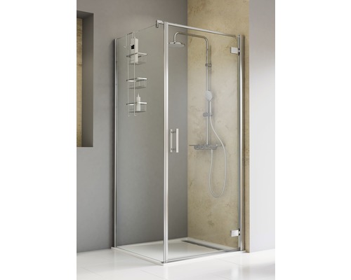 Porte de douche avec paroi latérale SCHULTE TouraPlus ExpressPlus 90 x 90 cm couleur du profilé chrome décor de vitre verre transparent avec verre antitache butée de porte à droite butée de paroi latérale à gauche poignée barre Cabine de douche avec système de douche et étagère de douche dans la salle de bain