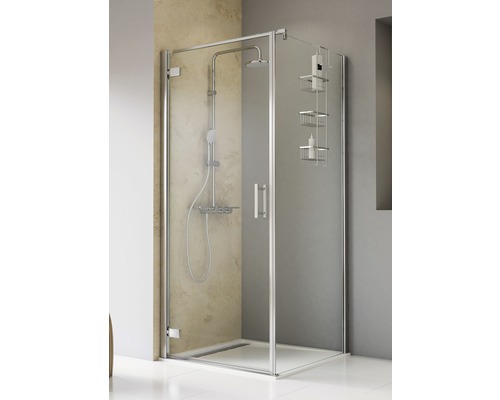 Porte de douche avec paroi latérale SCHULTE TouraPlus ExpressPlus 90 x 90 cm couleur du profilé chrome décor de vitre verre transparent avec verre antitache butée de porte à gauche butée de paroi latérale à droite poignée barre