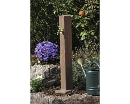 Scène de jardin avec borne fontaine en bois et robinet en laiton