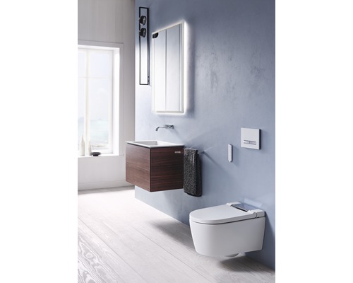 Modernes Badezimmer mit Waschtisch, Spiegelschrank, Toilette und Handtuchhalter