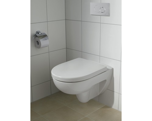 WC suspendu avec porte-papier hygiénique et plaque de commande dans la salle de bain