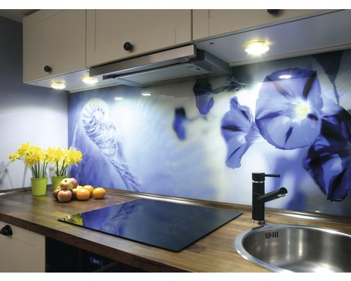 Küchenszene mit Arbeitsplatte, Spüle, Kochfeld, Spritzschutz mit Blumenmuster und Küchenutensilien