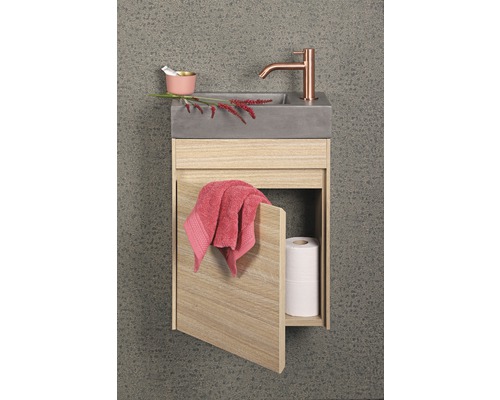 Meuble sous-lavabo de salle de bain avec robinet, serviette et papier toilette