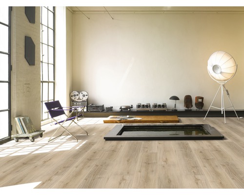 Pièce lumineuse avec revêtement de sol aspect bois, siège et décoration