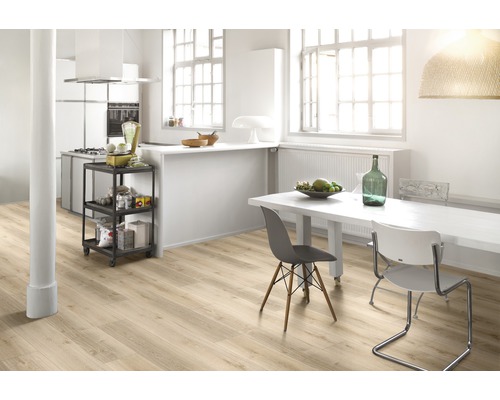 Pièce lumineuse avec cuisine, coin repas et parquet