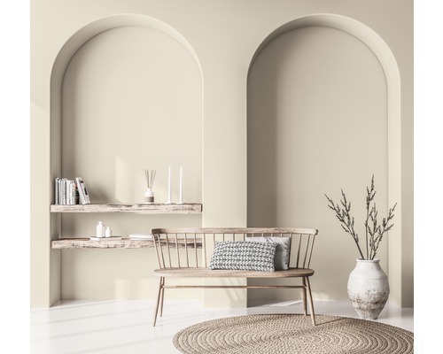 Innenraum mit Bank, Zierkissen, rundem Teppich, Regalen, Dekorationsgegenständen und Pflanze in Vase