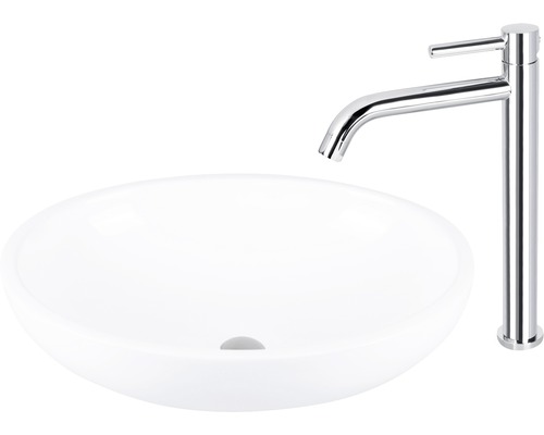 Aufsatzwaschbecken aus Keramik mit Armatur