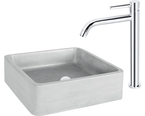 Vasque à poser carrée en béton avec robinetterie