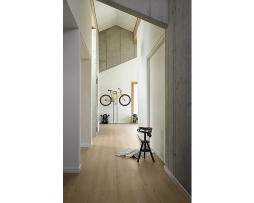 Flur mit Laminatboden, Fahrrad und Hocker