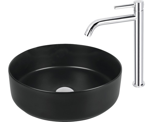 Schwarzes Aufsatzwaschbecken aus Keramik mit Chrom-Einhebelmischer