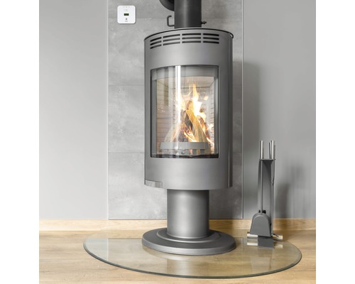 Poêle à bois avec bûches, plaque de sol en verre et serviteur de cheminée