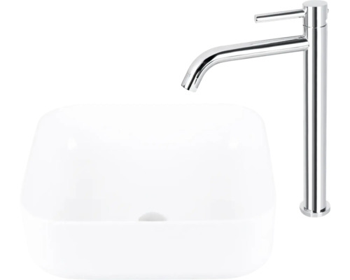 Aufsatzwaschbecken aus Keramik mit Armatur