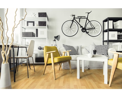 Salon avec sol stratifié, canapé, fauteuil et étagères