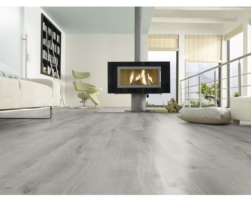 Pièce lumineuse avec cheminée moderne et plancher en bois