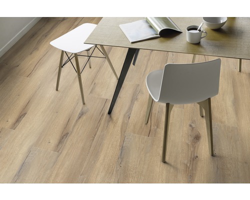 Salle à manger avec plancher en bois clair, table et chaises