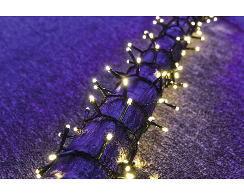 Lichterkette mit kleinen, hellen Lichtern, die um einen Ast gewickelt ist