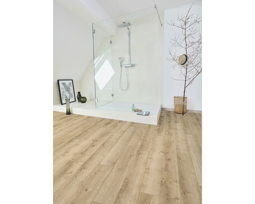 Helles Badezimmer mit Dusche und Holzboden