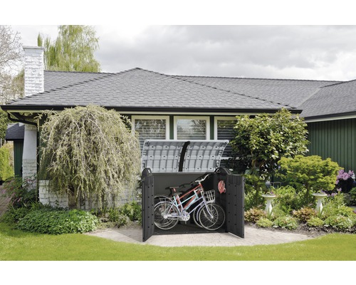 Fahrradbox im Garten mit zwei Fahrrädern