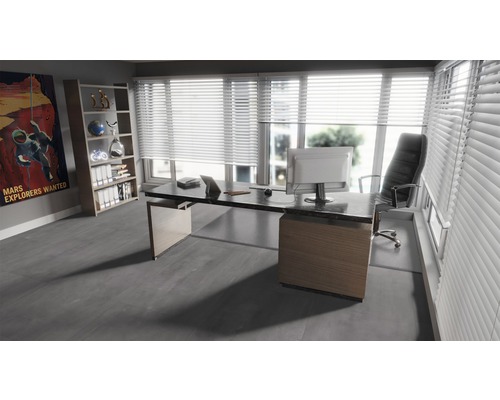 Büro mit Schreibtisch, Bürostuhl, Regal und Fenster mit Jalousien