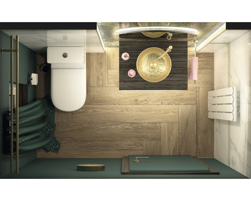 Vue de dessus d''une salle de bains avec toilettes, lavabo et douche