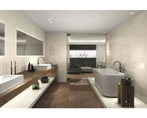 Salle de bains moderne avec double vasque, baignoire et carrelage