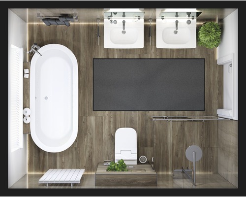 Vue de dessus d''une salle de bains avec baignoire, lavabos, toilettes et douche