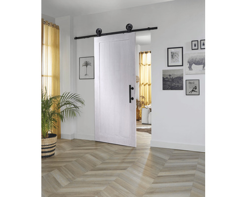 Kit complet de porte coulissante Intersteel Legno Barn Door Wheel top noir 93x211,5 cm y compris vantail de porte, ferrure pour porte coulissante Wheel Top et ensemble de poignée