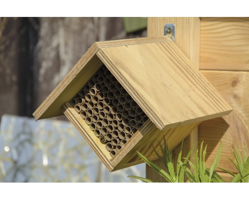 Hôtel à abeilles en bois avec tubes de nidification