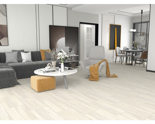 Salon lumineux avec canapé, fauteuil et table à manger sur parquet