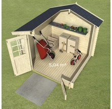 Abri de jardin avec porte ouverte, étagère et outils de jardin