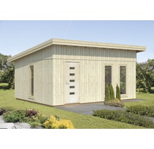 Modernes Gartenhaus aus Holz mit Flachdach, Tür und Fenstern