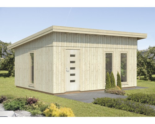 Modernes Gartenhaus aus Holz mit Flachdach, Tür und Fenstern