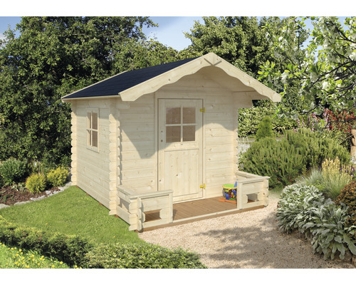Gartenhaus aus Holz mit schwarzem Dach und Fenster